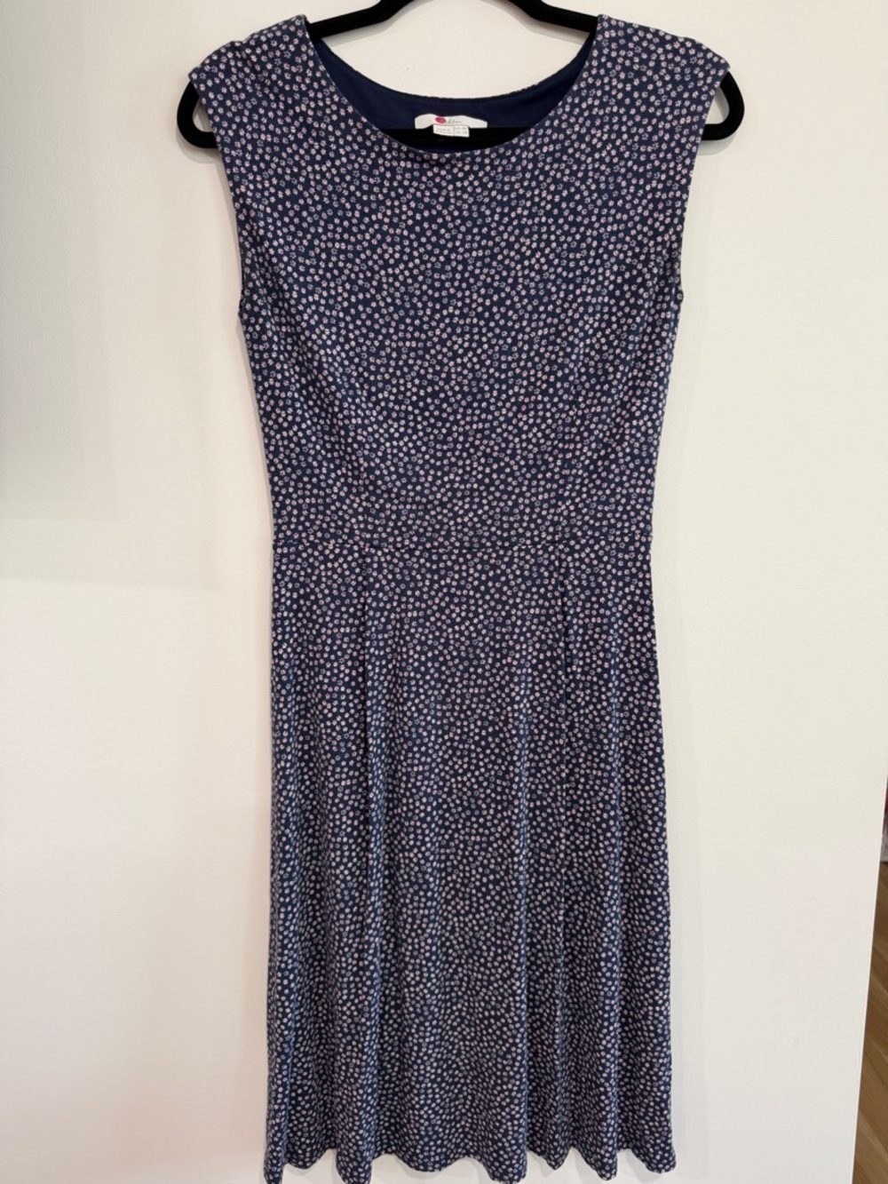 Boden Navy Midi Dress with Pink Dot Floral Print